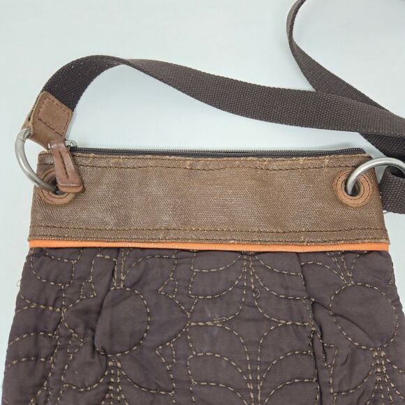 FOSSIL Brown Floral Quilted Leather Trim Crossbody Shoulder Bag Key-per Y2K - Picture 9 of 14